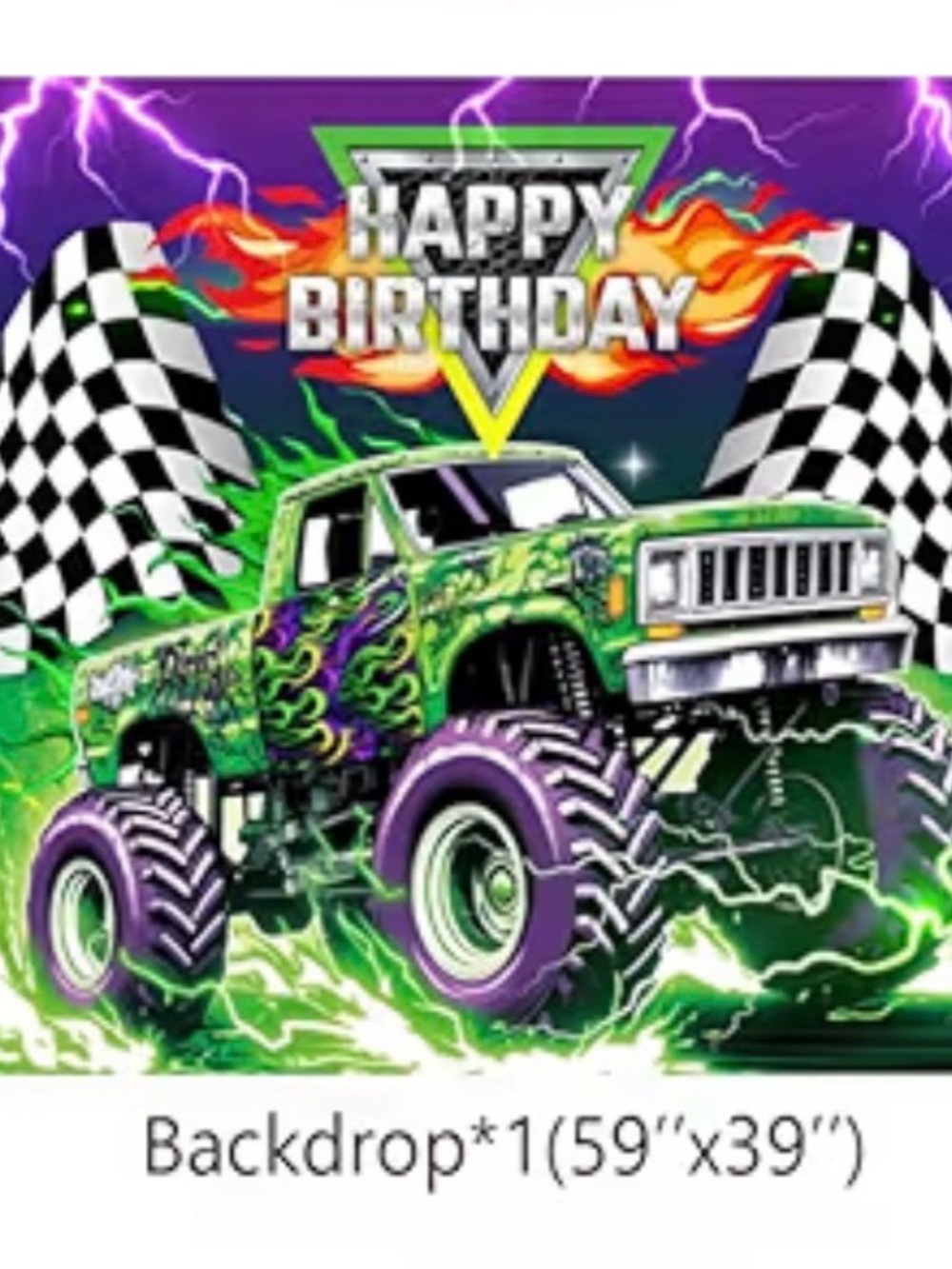 Happy Birthday Monster Truck Backdrop - Green & Purple